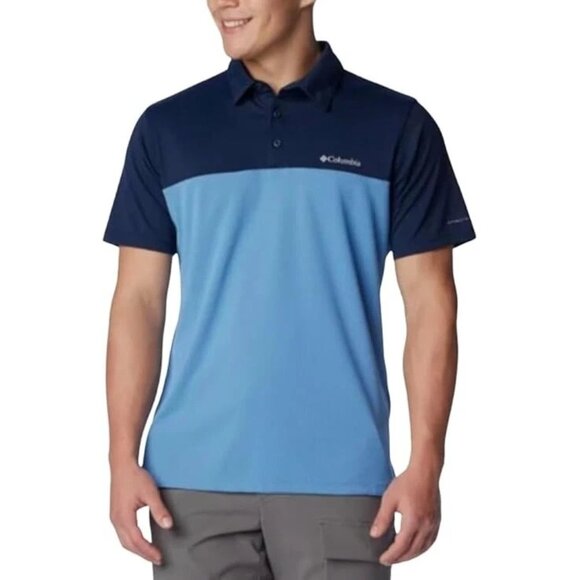 NEW Columbia Men's L Polo Shirt Omni-Shade UPF 40 Sun Protection Blue & Navy - Picture 1 of 9